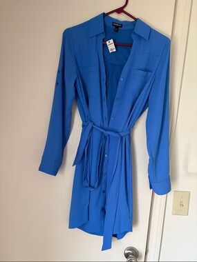 Express Cobalt Blue Long Sleeve Shirt Dress with Tie